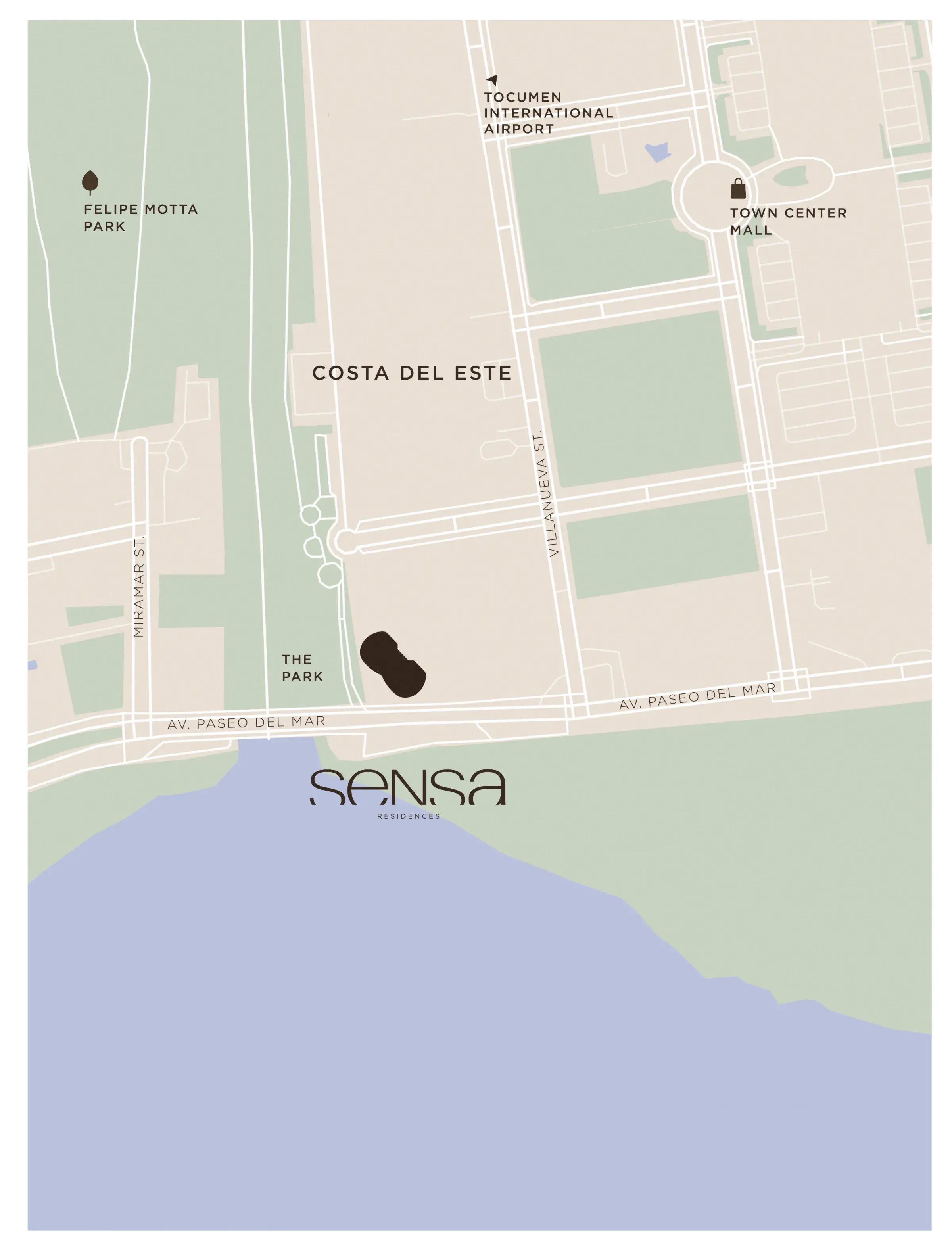 Map of Costa del Este: SENSA on Paseo del Mar, between the park and the ocean